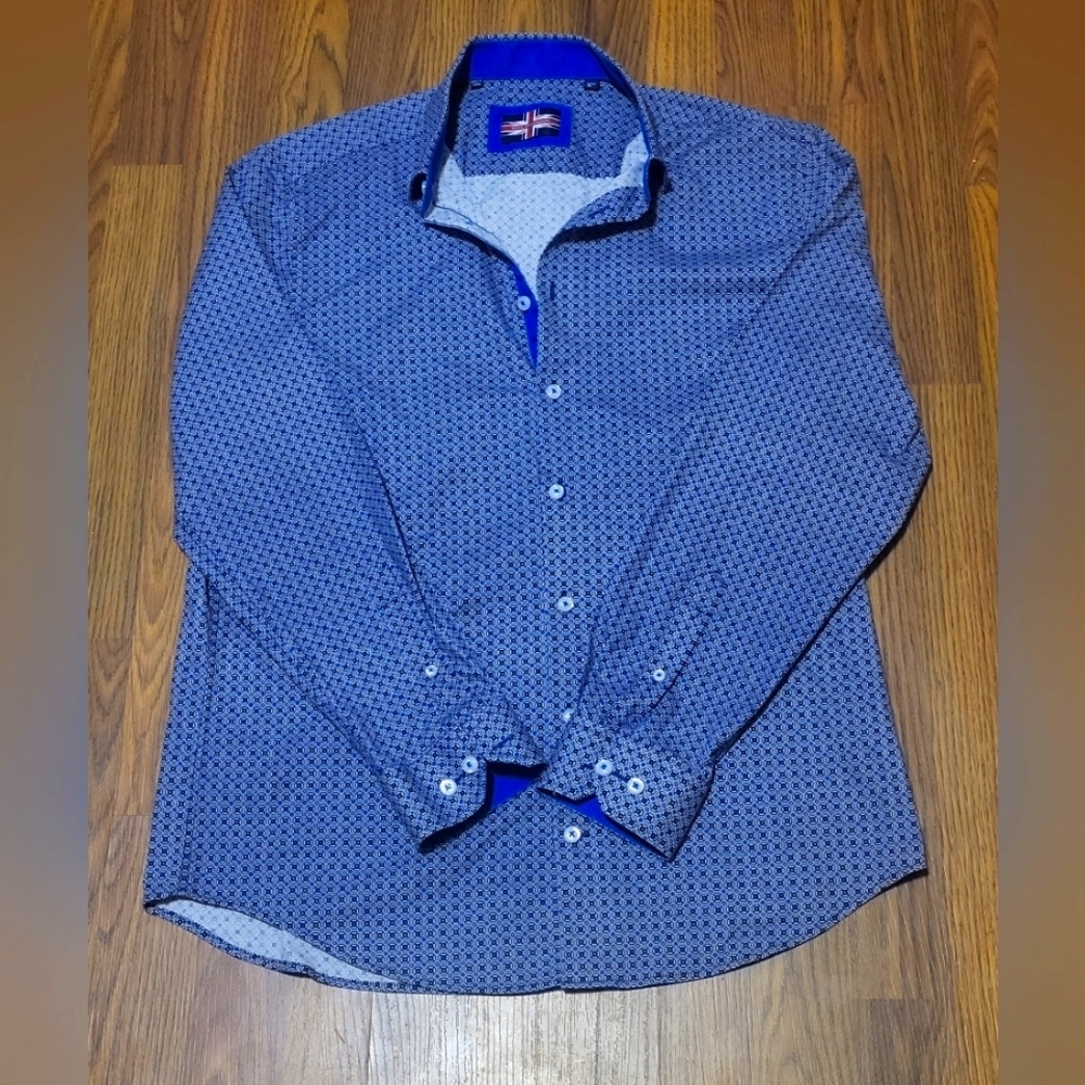 Soul of London Men's Dress Shirt 16.5 | Blue Pattern | Modern Fit